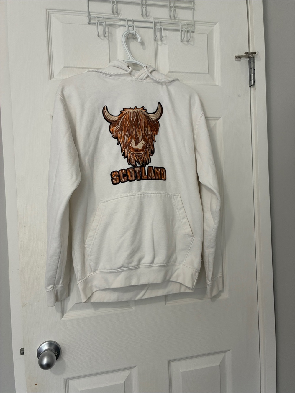 White pullover hoodie with Scotland Scottish highland cow graphics